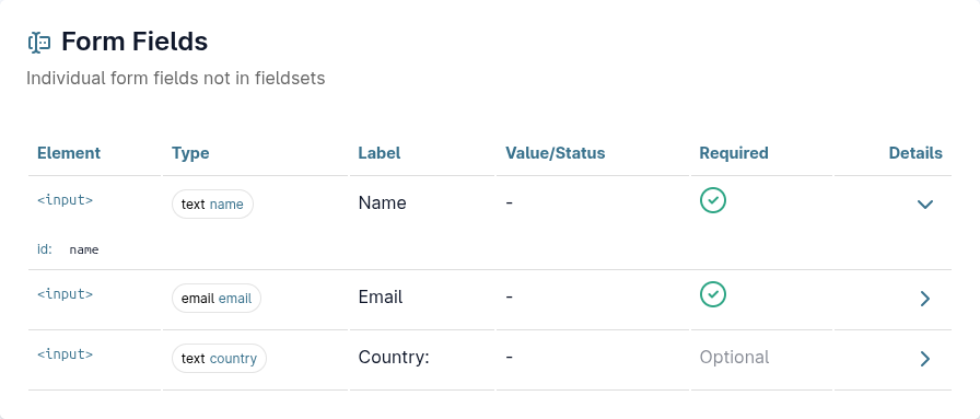 Field overview showing a table of fields and their properties