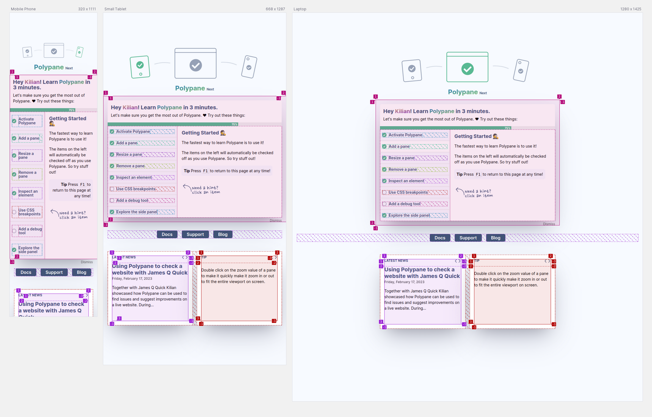 Three panes in Polypane with multiple flex and grid overlays visible.