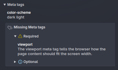 An overview of missing meta tags showing viewport under a required heading