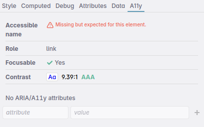 A warning in the a11y panel when the accessible name is missing