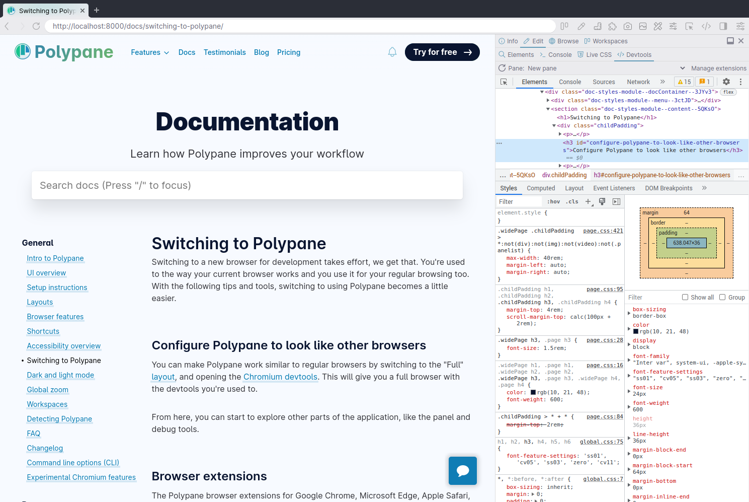 Polypane with the full layout and chromium devtools open.