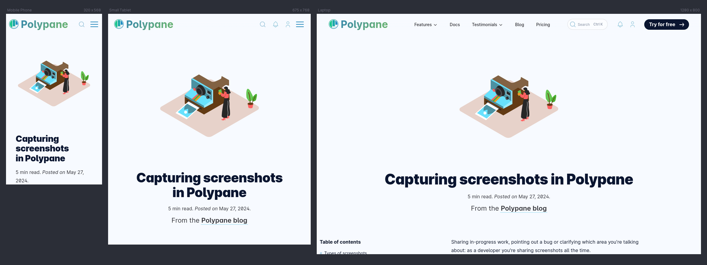 This article shown at three different viewport sizes in Polypane.
