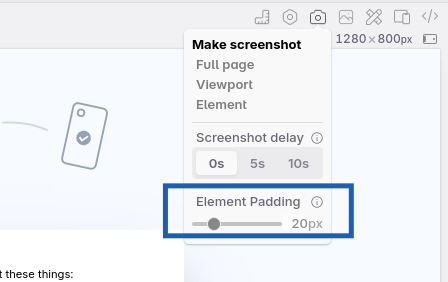 Screenshot configuration UI, the 'element padding' option is highlighted.