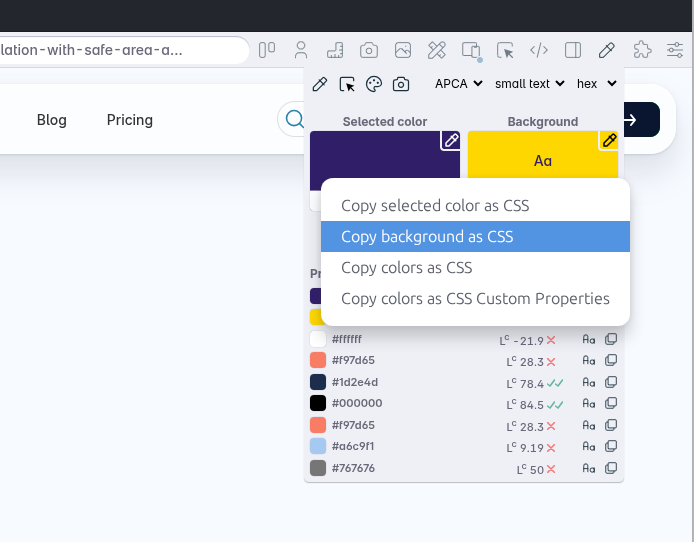 context menu on a color swatch in the color picker with options to copy as CSS or CSS variable