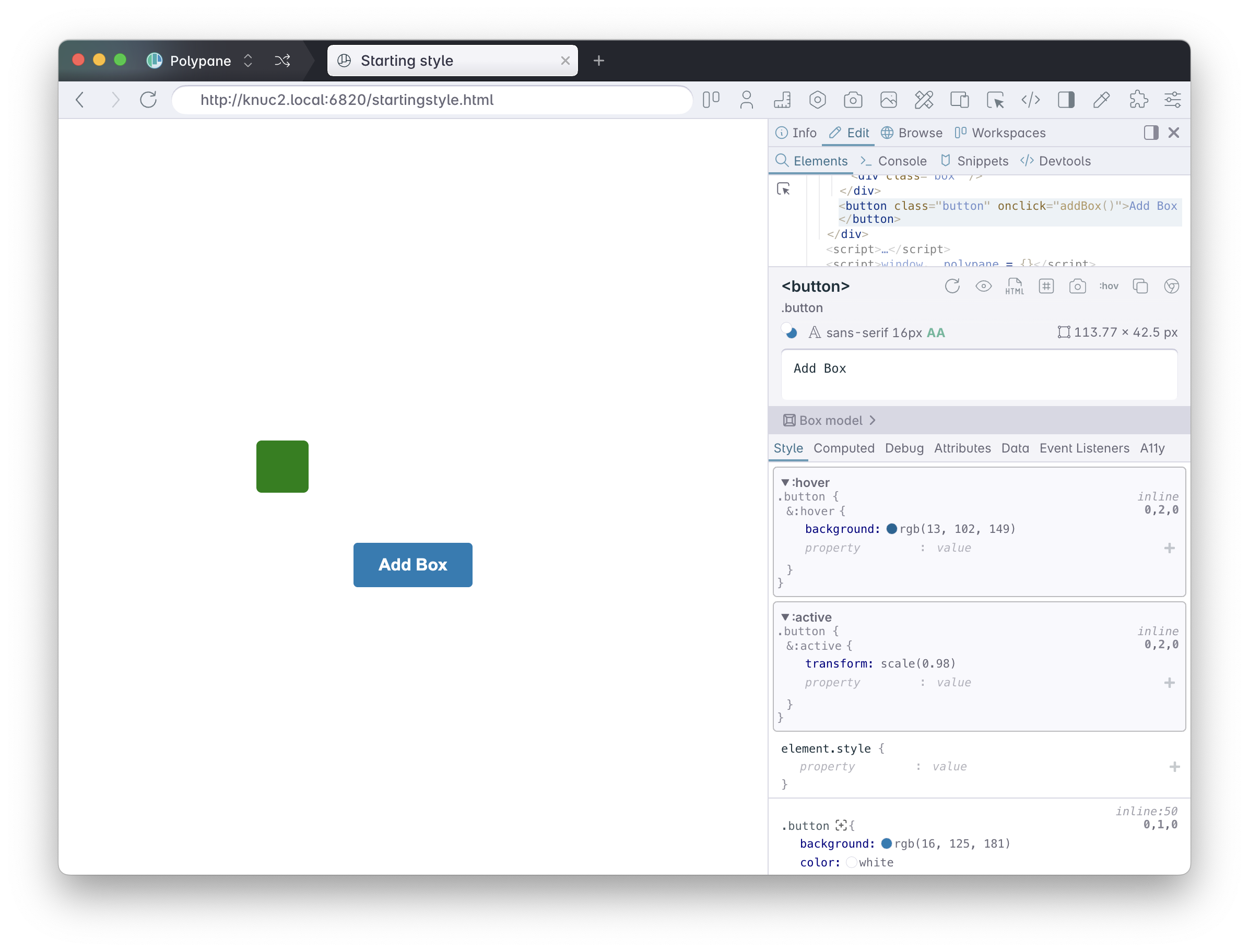The Polypane elements panel showing styles for :hover and :active states, along with the regular style