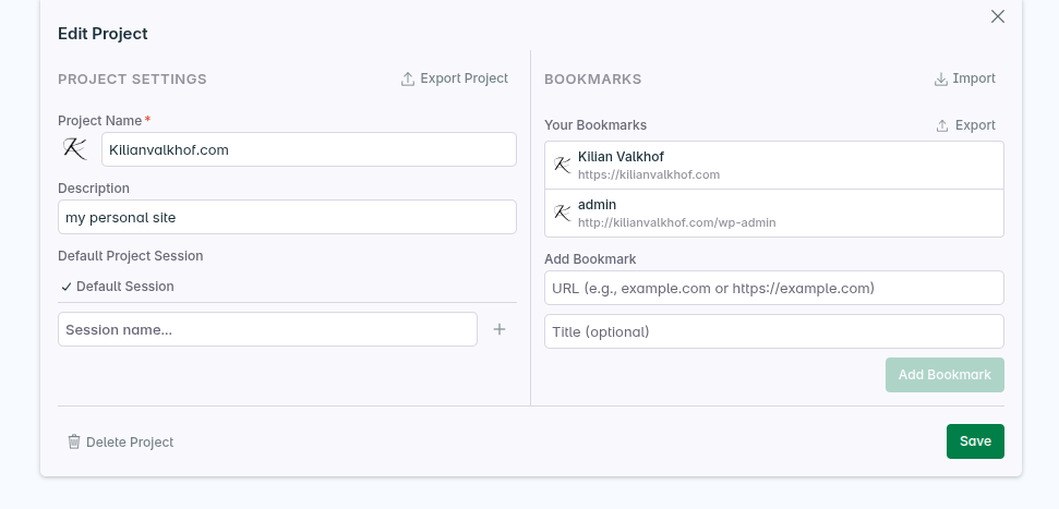 New export and import buttons in the project settings.