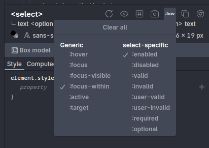 Elements panel pseudo states