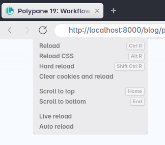 The reload menu in Polypane, showing newly added scroll to top and bottom options.