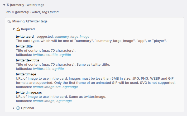 Overview of Twitter tags where there are none on the page, but a list of required ones are visible.