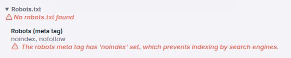 Meta panel showing a robots meta tag that prevents indexing