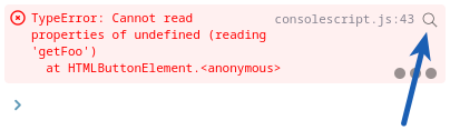 console showing an error with an arrow pointing out the search icon