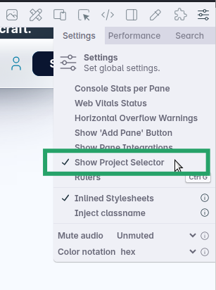 Project settings with 'Show project selector' option highlighted.