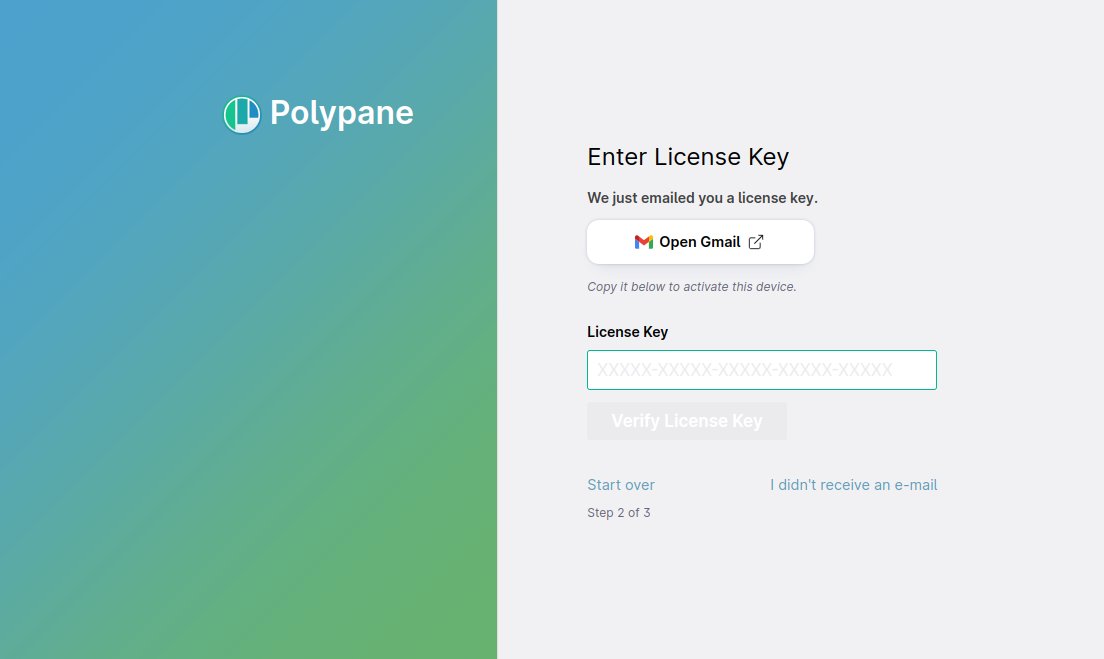 Polypane license key step showing a sniper link for Gmail.