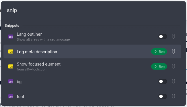 Snippets command bar