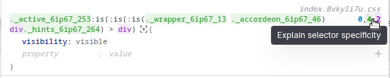 Hovering the specificity shows which parts of the selector contribute to the specificity score.