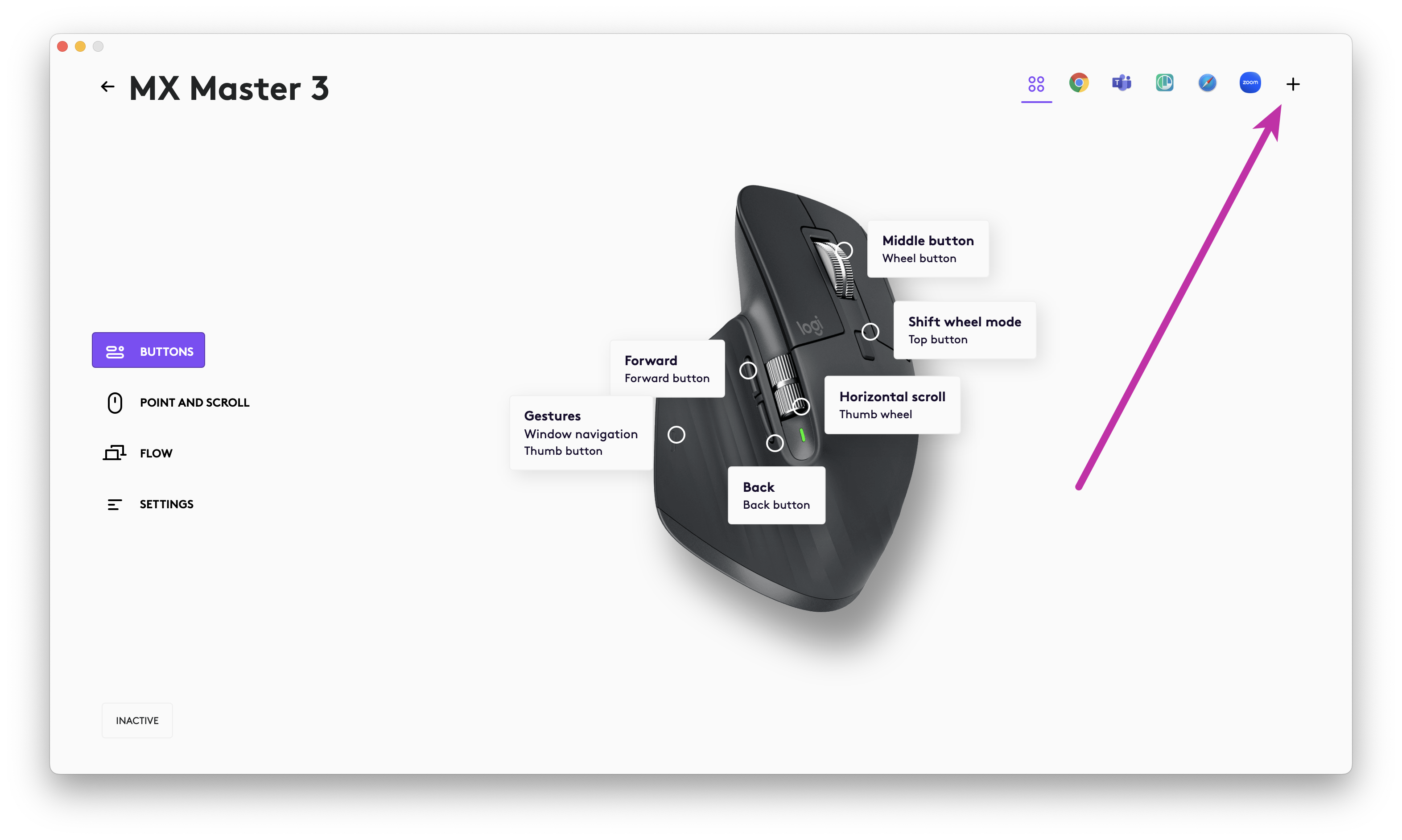 Logi Options+ mouse screen with an arrow pointing to the Plus button.