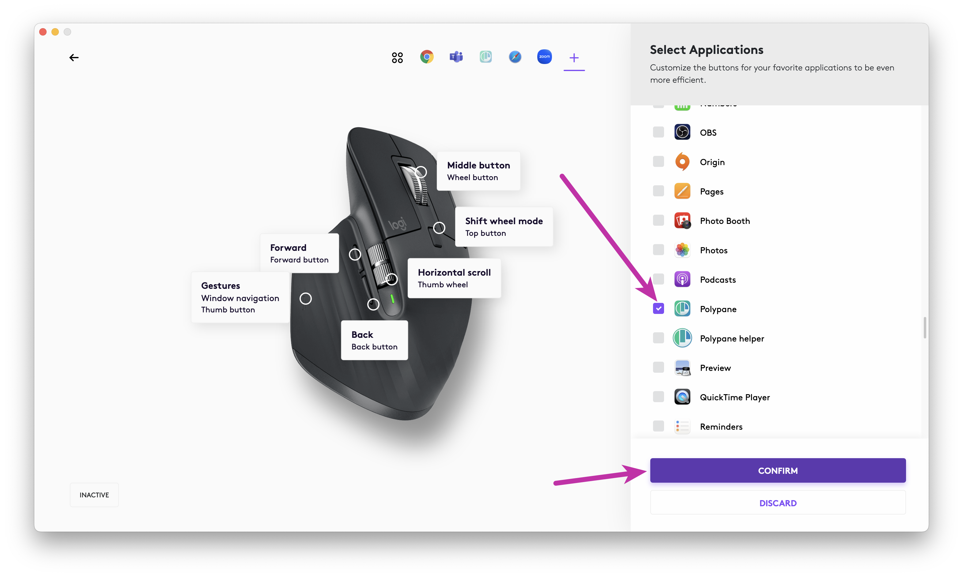 Logi Options+ main screen with a list of apps shown and an arrow pointing to Polypane and to a button labeled Confirm.