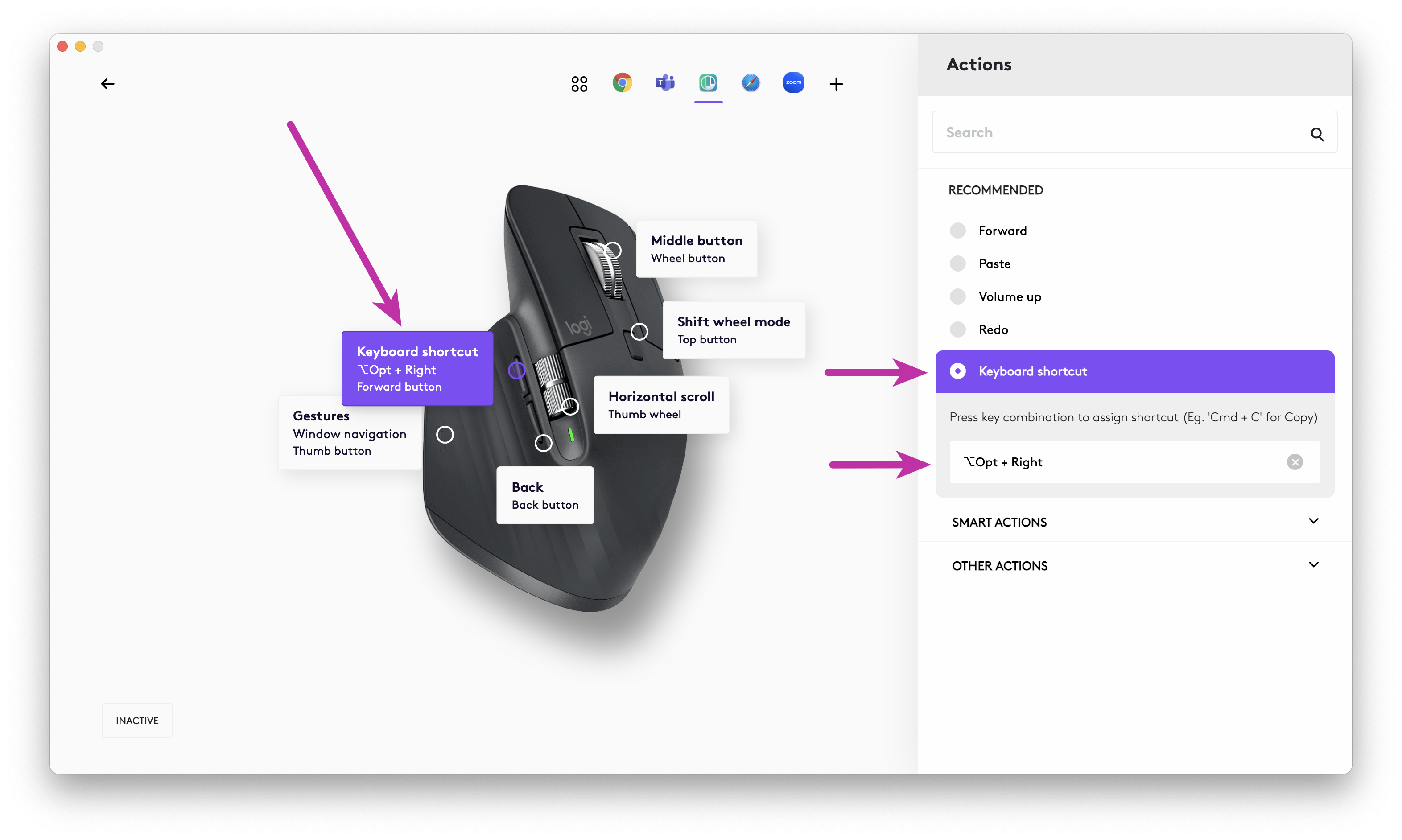 Logi Options+ main screen showing a mouse and a sidebar to configure the mouse button action for the forward button.