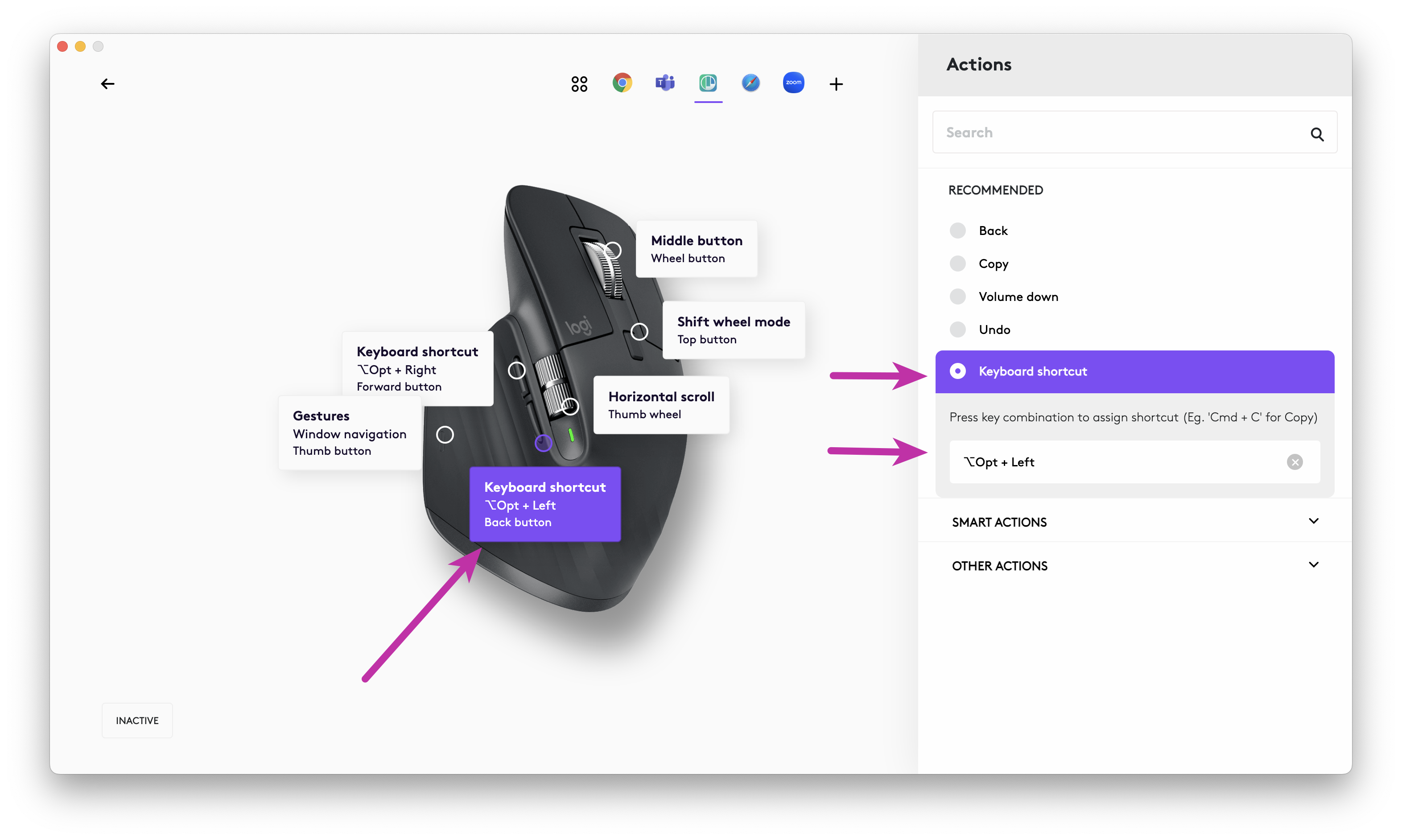 Logi Options+ main screen showing a mouse and a sidebar to configure the mouse button action for the back button.