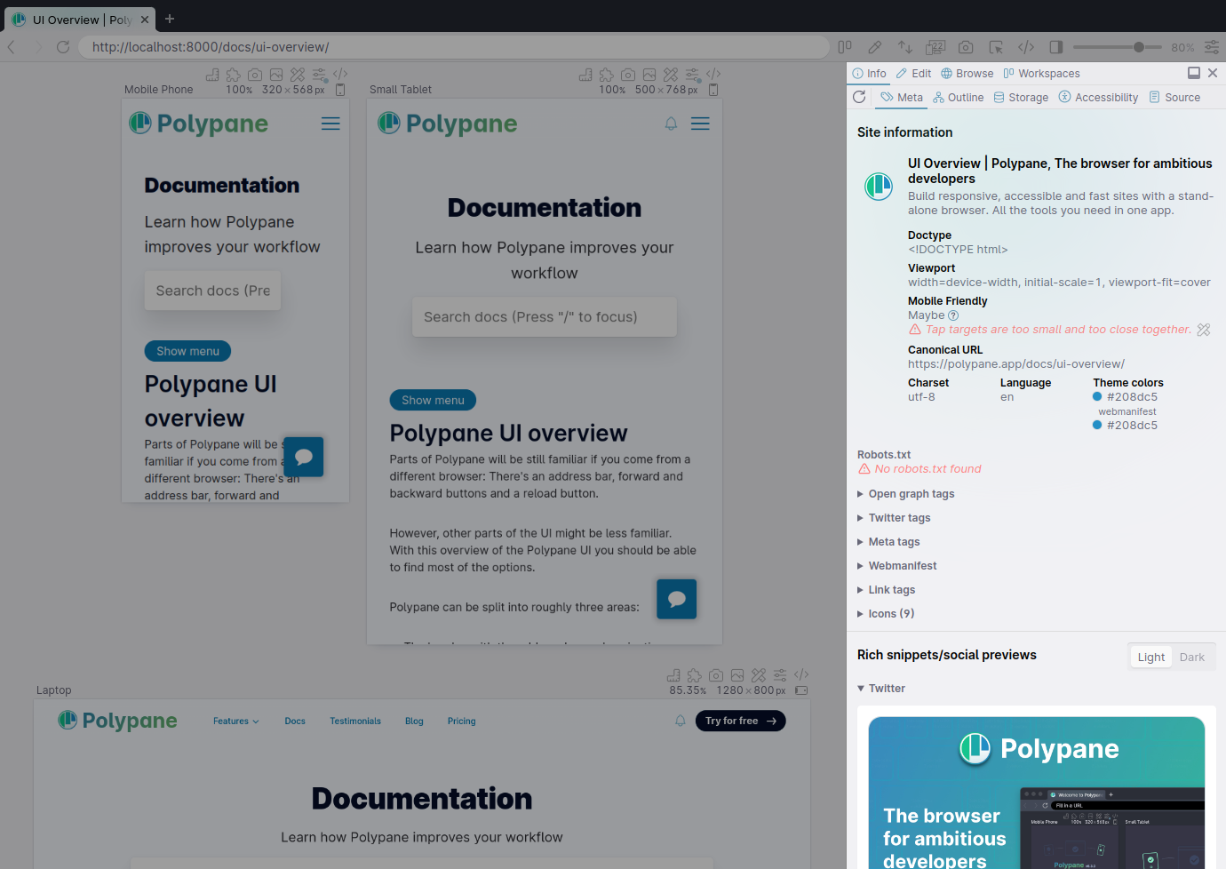 Polypane on mac with a detached panel showing the element inspector.