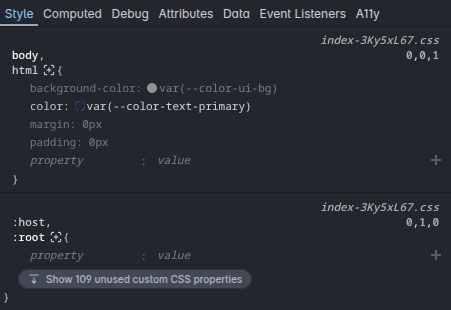 A badge in the style panel reading 'show 109 unused custom CSS properties'.