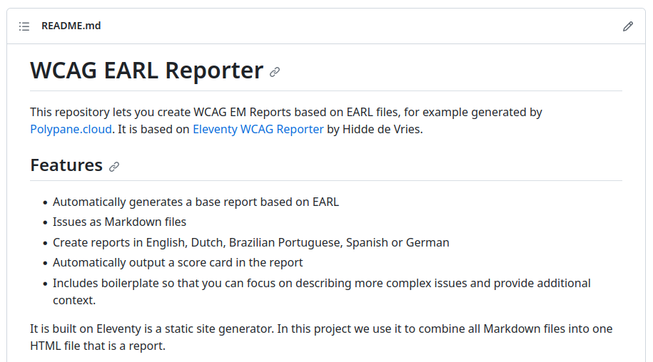 The first few lines of the readme of eleventy-wcag-earl-reporter